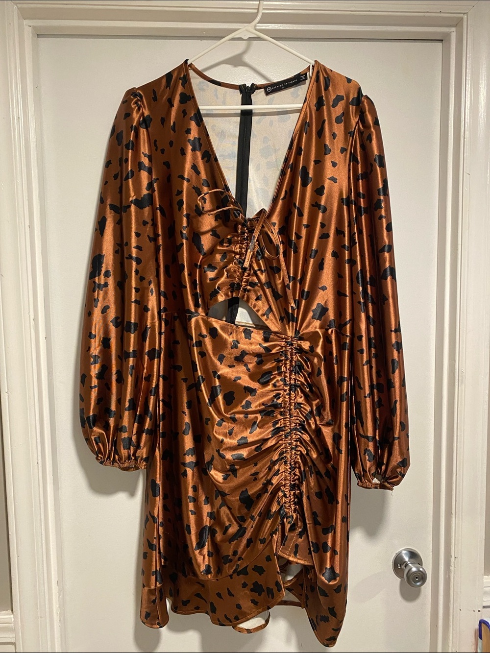 Fashion to Figure Ruched Cutout Dress in Copper with Animal Print
